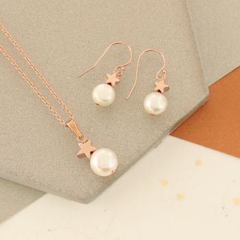 Rose Gold Star And Pearl Necklace With Earrings