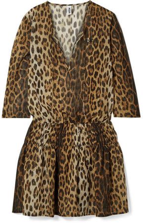 Shirred Leopard-print Chiffon Mini Dress - Leopard print