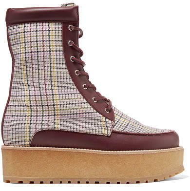 Gabriela Hearst - David Leather-trimmed Checked Wool Platform Ankle Boots - Burgundy