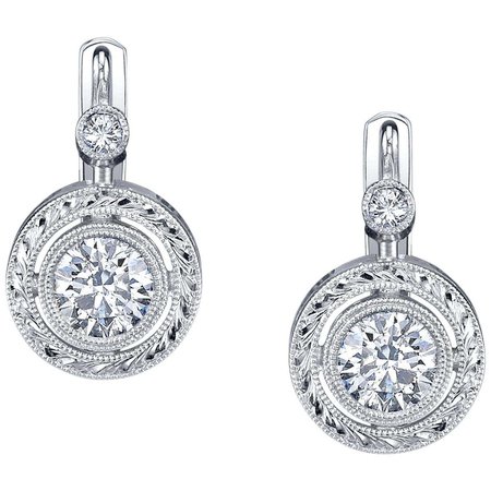 .56 Carat Total Diamond, White Gold Lever Back Round Engraved Drop Earrings For Sale at 1stDibs