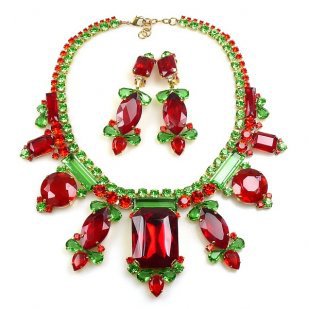 Lady Charm Necklace Set with Earrings ~ Red Green : LILIEN CZECH, authentic Czech rhinestone jewelry