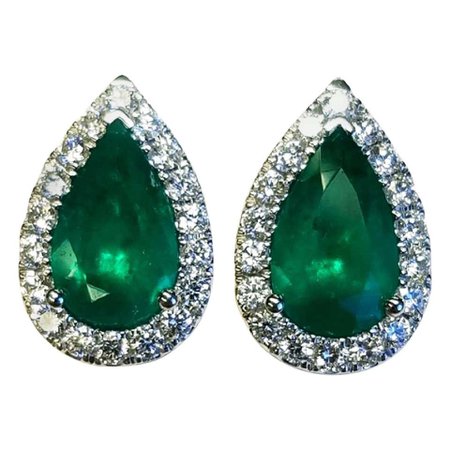 18 Karat White Gold Pear Shape Colombian Emerald and Diamond Earrings