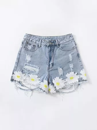 blue Floral Appliques Ripped Denim Shorts | SHEIN USA