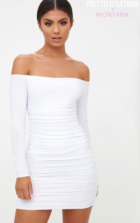 White Bardot Ruched Bodycon Dress. Dresses | PrettyLittleThing