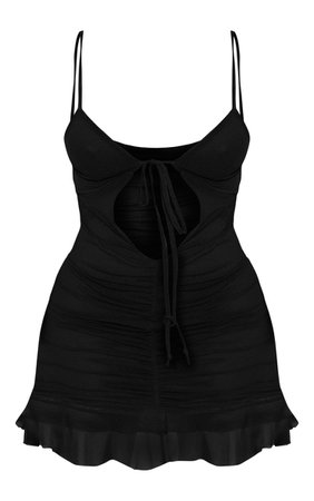 Shape Black Mesh Tie Front Frill Hem Bodycon Dress | PrettyLittleThing USA
