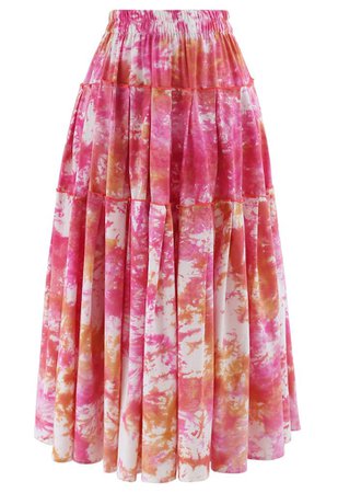 Tie-Dye Pleated Frill Midi Skirt in Hot Pink - Retro, Indie and Unique Fashion