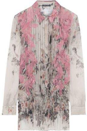Lace-appliqued Pintucked Floral-print Silk-chiffon Shirt