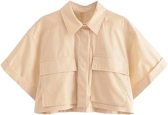Spring/Summer Women Fashion with Pockets Solid Single Breasted Cropped Blouse Vintage Lapel Neck Short Sleeves Female Shirts at Amazon Women’s Clothing store