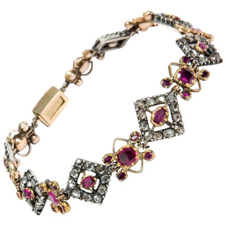 Antique Georgian circa 1790 Ruby and Diamond in Gold and Silver Bracelet For Sale at 1stdibs