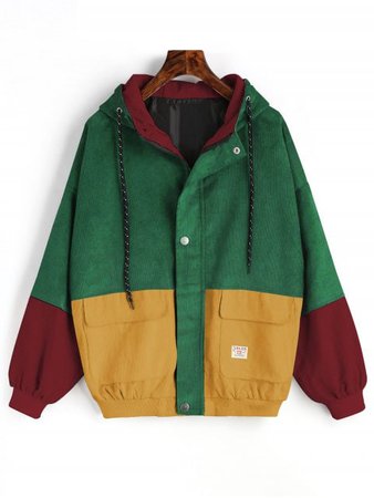[50% OFF] 2019 Hooded Color Block Corduroy Jacket In GREEN | ZAFUL ..