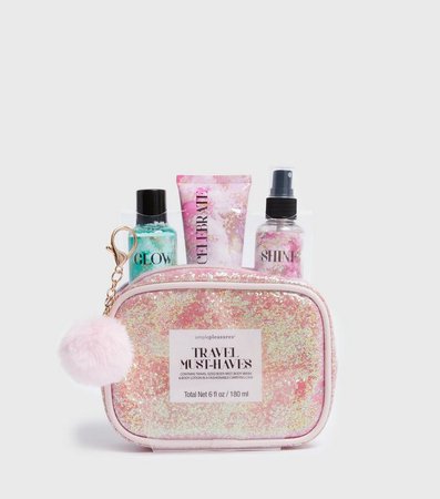 Bright Pink Glitter Travel Bag Set | New Look