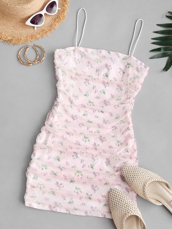 [28% OFF] 2021 Flower Mesh Insert Ruched Bungee Strap Dress In LIGHT PINK | ZAFUL