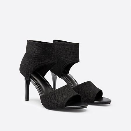NEWBELLA Mousse Fit Peep Toe Stiletto Heeled Sandals, Women's Lightweight Black Heels Breathable Knit Elastic Design Upper for Dressy Wedding, Work Black 7.5 | Shoes