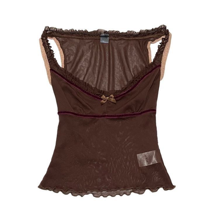 brown tank top halter lace floral satin sheer shirt embroidery