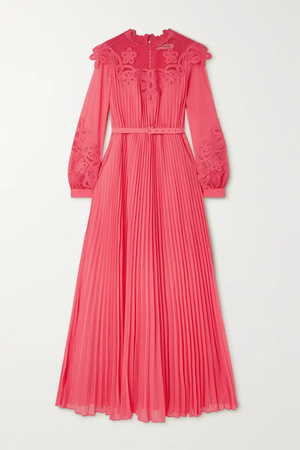 SELF-PORTRAIT Belted guipure lace-trimmed pleated gauze maxi dress