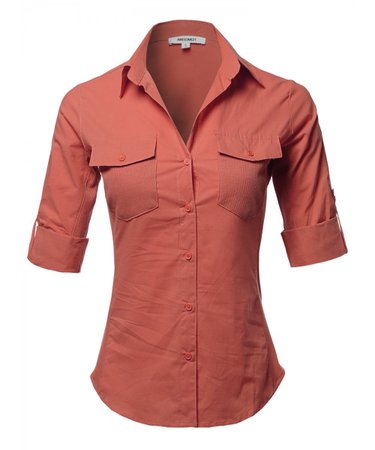 Women's Solid 3/4 Sleeve Roll-up Button down Shirt - FashionOutfit.com