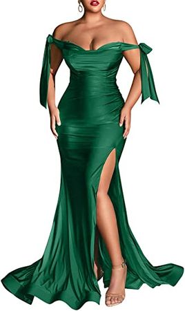 XXTAXN Women's Summer Prom Off The Shoulder Straps High Waist Split Evening Party Maxi Dress at Amazon Women’s Clothing store