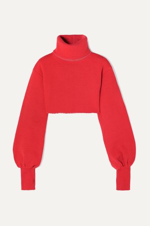 Red Distressed cropped ribbed-knit turtleneck sweater | Orseund Iris | NET-A-PORTER