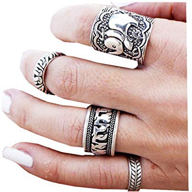 Sunscsc Vintage Retro Silver Elephant Joint Knuckle Nail Rings Set of 4 Rings