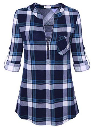 Bulotus Women's 3/4 Sleeve V-Neck Casual Plaid Tunic Shirt at Amazon Women’s Clothing store: