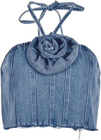 Denim Corset Top Women Y2K Rose Jean Vest Tops Strapless Shoulder Off Crop Halter Tube Dress at Amazon Women’s Clothing store