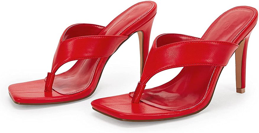 Amazon.com | Womens Square Open Toe Heeled Sandals Flip Flop Thong Slides Stiletto Slip On Summer Sexy Dressy Shoes Red Size 5.5 | Shoes