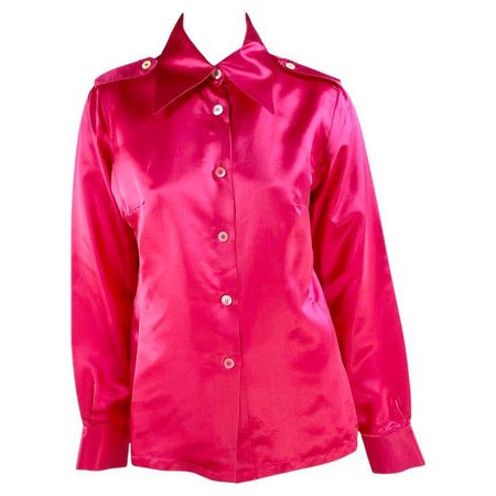 1996 Gucci by Tom Ford Hot Pink Silk Button Up Epaulette Military Top