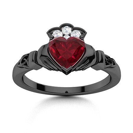 Ovemia Ring with Heart Ruby, VS Diamond | 1.07 carats Heart Ruby Sidestone Ring in 18K Black Gold | Diamondere