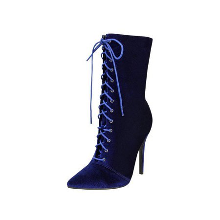 Midnight Blue Velvet Boots Pointy Toe Lace up Stiletto Heel Booties for Work, Party, Dancing club, Date, Anniversary, Going out | FSJ
