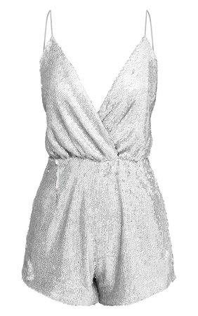 Silver Strappy Sequin Wrap Playsuit