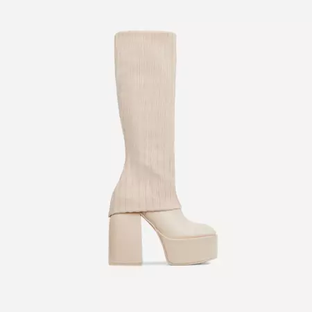 Leila Layered Knit Detail Square Toe Platform Block Heel Calf Boot In Nude Faux Leather | EGO