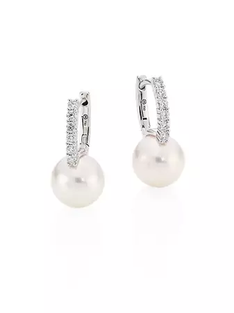 Mikimoto Classic 8MM White Cultured Akoya Pearl, Diamond & 18K White Gold Drop Earrings | Saks Fifth Avenue