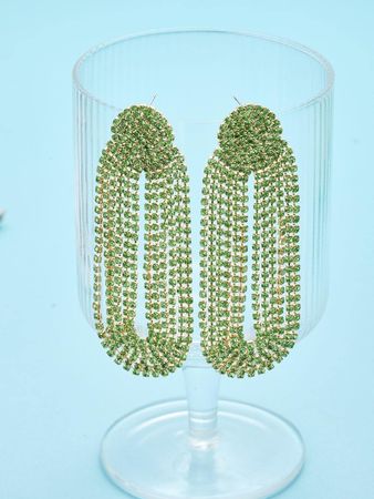 Round Top Light Green or Light Blue Color stone double Tassel Post Statement Post Earrings | SHEIN