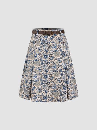 Corduroy Mid Waist Floral Belted Pleated Midi Skirt - Cider