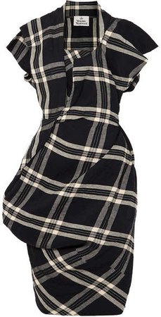 Draped Plaid Linen Dress - Black