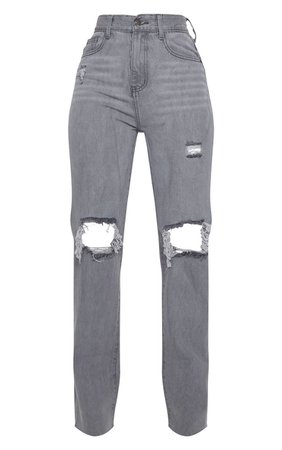Washed Grey Distressed High Waist Straight Leg Jean | PrettyLittleThing USA