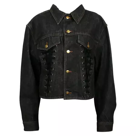 Jean Paul Gaultier Junior Vintage Black Denim Iconic Corset Style Jacket Size 48 For Sale at 1stDibs