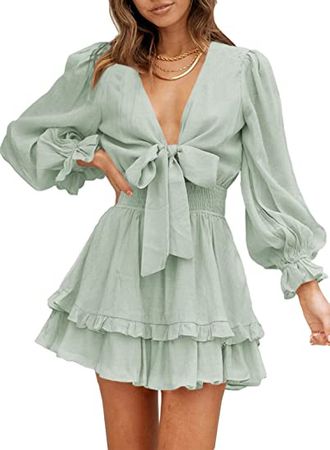 AlvaQ Dress for Women Long Sleeve Short Mini Dress Deep V Neck Ruffle Flowy Sundress Fashion 2022 Pink Large at Amazon Women’s Clothing store
