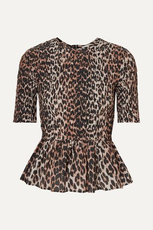 GANNI | Shirred leopard-print cotton and silk-blend peplum top | NET-A-PORTER.COM