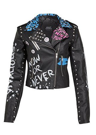 (17) Pinterest - SALE PRICE - $79.9 - Glam and Gloria Womens Black Faux Leather Studded Graffiti Look Punk Biker Moto Jacket with Pins | Women's Leather Jackets