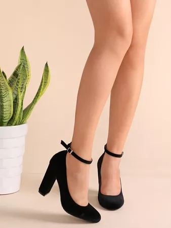 Black Velvet Almond Toe Ankle Strap Heels | ROMWE USA