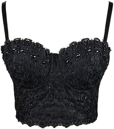 *clipped by @luci-her* ELLACCI Women's Natural Reigning Lace Rhinestone Bustier Crop Top Sexy Mesh Corset Top Bra Black at Amazon Women’s Clothing store