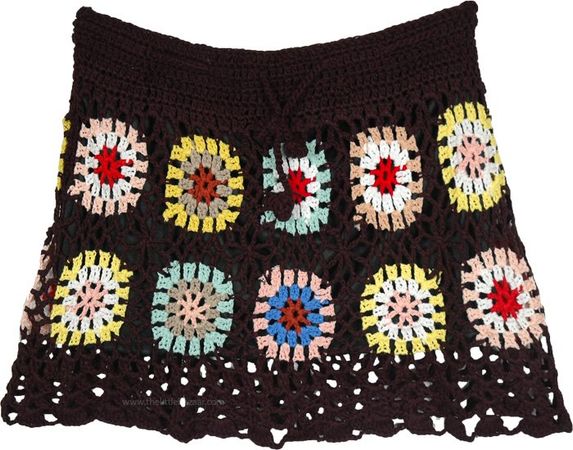 Kaleidoscope Circles Black Crochet Pattern Short Skirt | Short-Skirts | Brown | Crochet-Clothing, Junior-Petite, Misses, Beach
