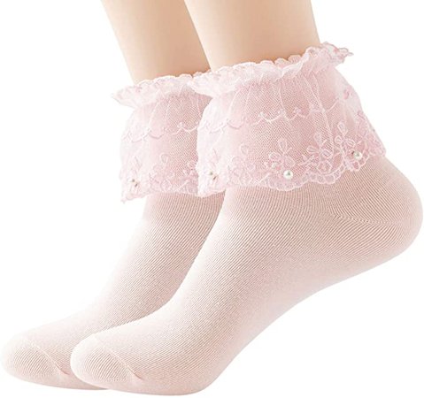 YASIDI Women Ankle Socks, Pearl Lace Ruffle Frilly Cotton Socks Princess Socks Lace Socks Cute Socks 2Pairs (Pink) at Amazon Women’s Clothing store