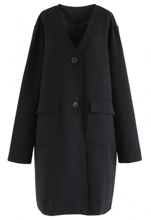 V-Neck Pockets Longline Coat in Black - OUTERS - Retro, Indie and Unique Fashion