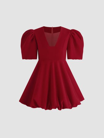 Puff Sleeve Plain Velvet Flare Dress – LookSKY