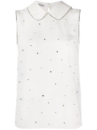 Miu Miu Crystal Embellished Sleeveless Blouse MT15171WA7 White | Farfetch