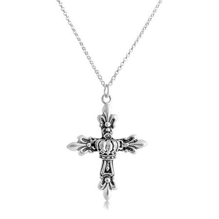925 Sterling Silver Fleur De Lis Cross with Crown Pendant Necklace