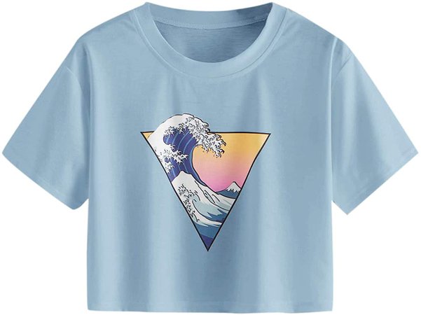 SweatyRocks Women's Short Sleeve Round Neck Wave Print Crop Top T Shirt Blue S : Clothing, Shoes & Jewelry