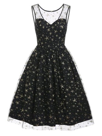 Black 1950s Star Mesh Swing Dress – Retro Stage - Chic Vintage Dresses and Accessories